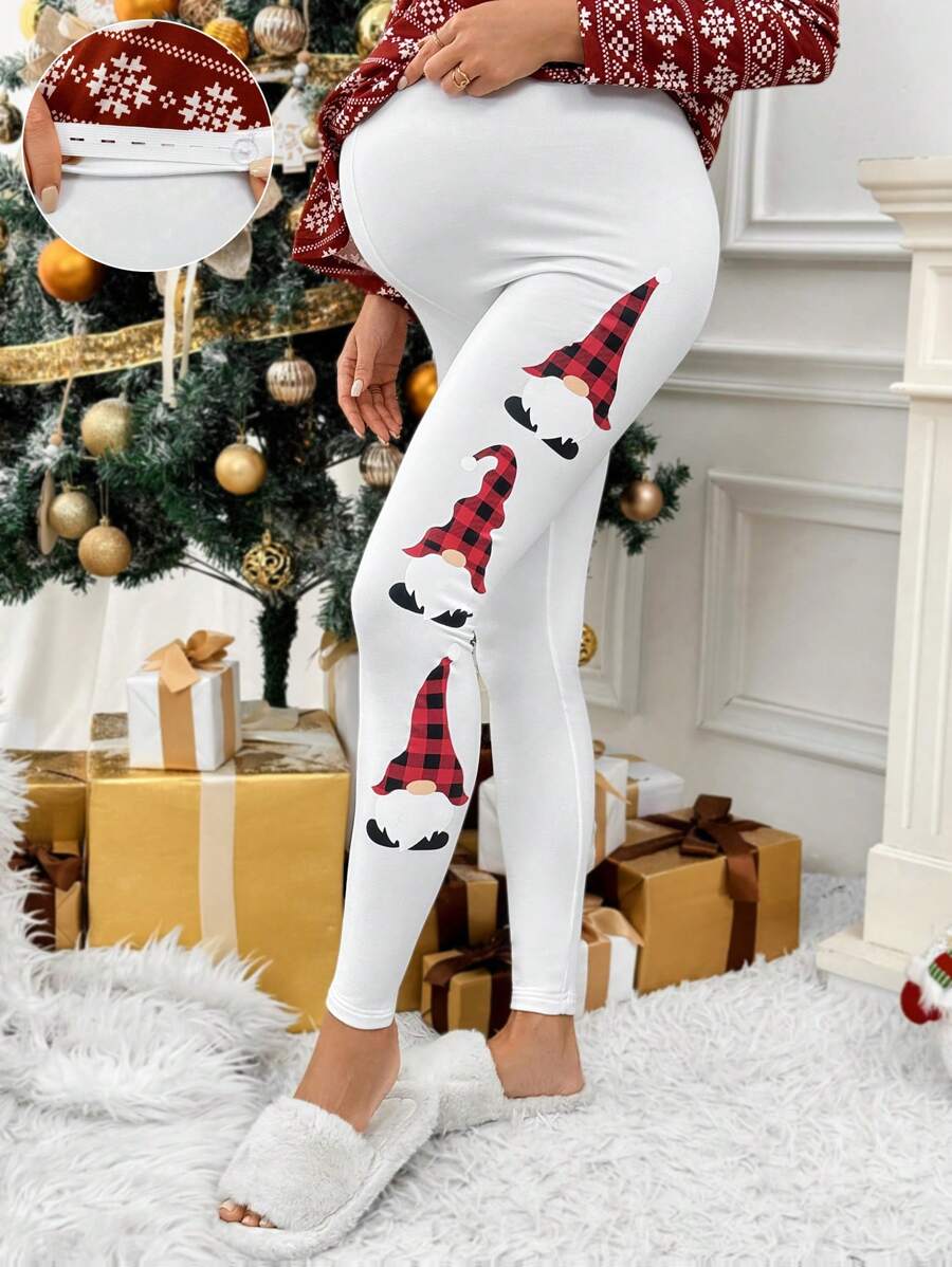 SHEIN Maternity Adjustable Waist Casual Christmas Cartoon Print Leggings - White - View 1