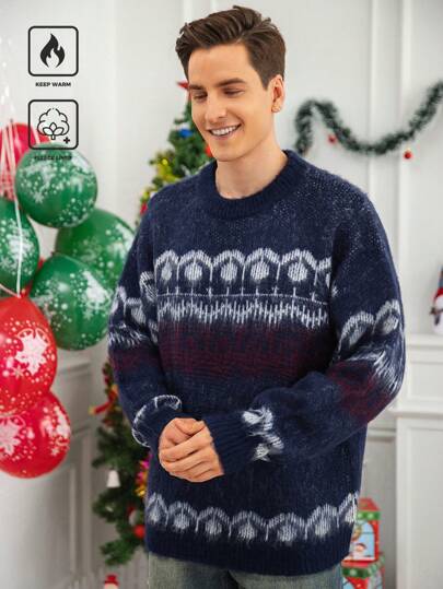 Manfinity Homme Men's Geometric Pattern Crew Neck Long Sleeve Casual Sweater, Fall/Winter, Christmas