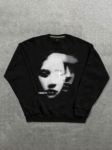 Manfinity Roughcore 男士圆领面部印花长袖休闲宽松时尚运动衫，万圣节黑色运动衫外出街头装圆领图案运动衫，适合朋友、丈夫、男朋友的礼物 - 黑色 - 查看 1