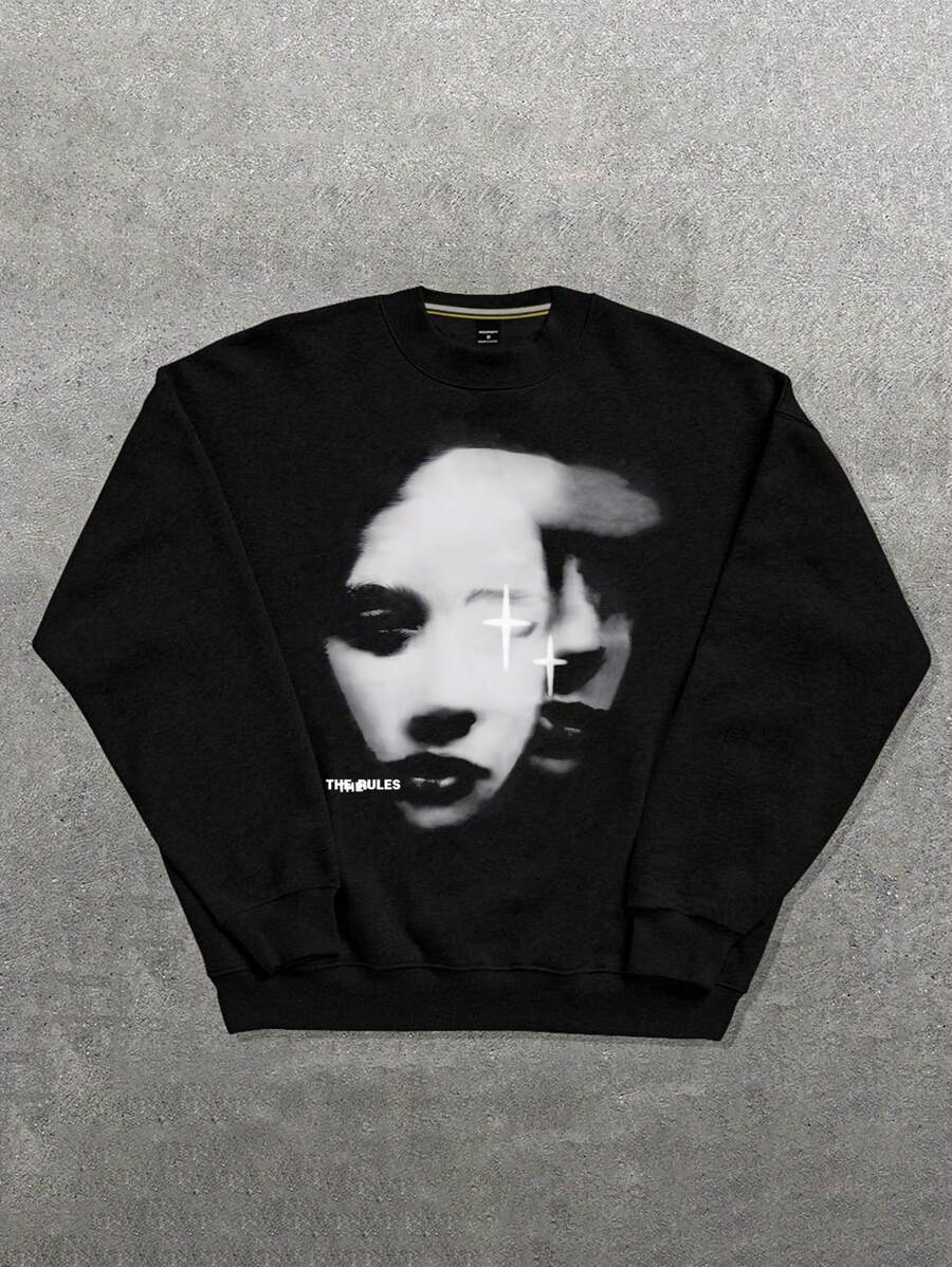 Manfinity Roughcore 男士圆领面部印花长袖休闲宽松时尚运动衫，万圣节黑色运动衫外出街头装圆领图案运动衫，适合朋友、丈夫、男朋友的礼物 - 黑色 - 查看 1