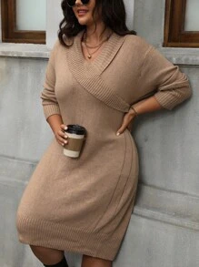 SHEIN LUNE Plus Size Solid V-Neck Casual Long Sleeve Sweater Dress - Camel - View 6