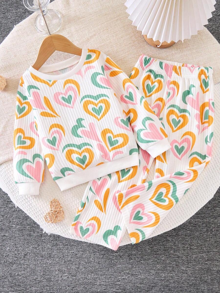 SHEIN Bộ 2 món/Bộ áo len dệt kim in hình trái tim và quần dài cho bé gái, trang phục thường ngày ấm áp và thoải mái cho mùa thu đông - màu đen - Xem 1