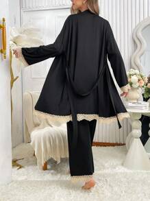 Snug Zone 3pcs Contrast Lace Patchwork Casual Women Pajama Set, Fall Winter Clothes - Black - View 2