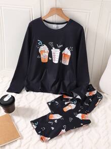 2 stuks/set Tween Girl drankfles grafische contrasterende kleur broek & ronde hals lange mouw top brandvertragende loungewear set