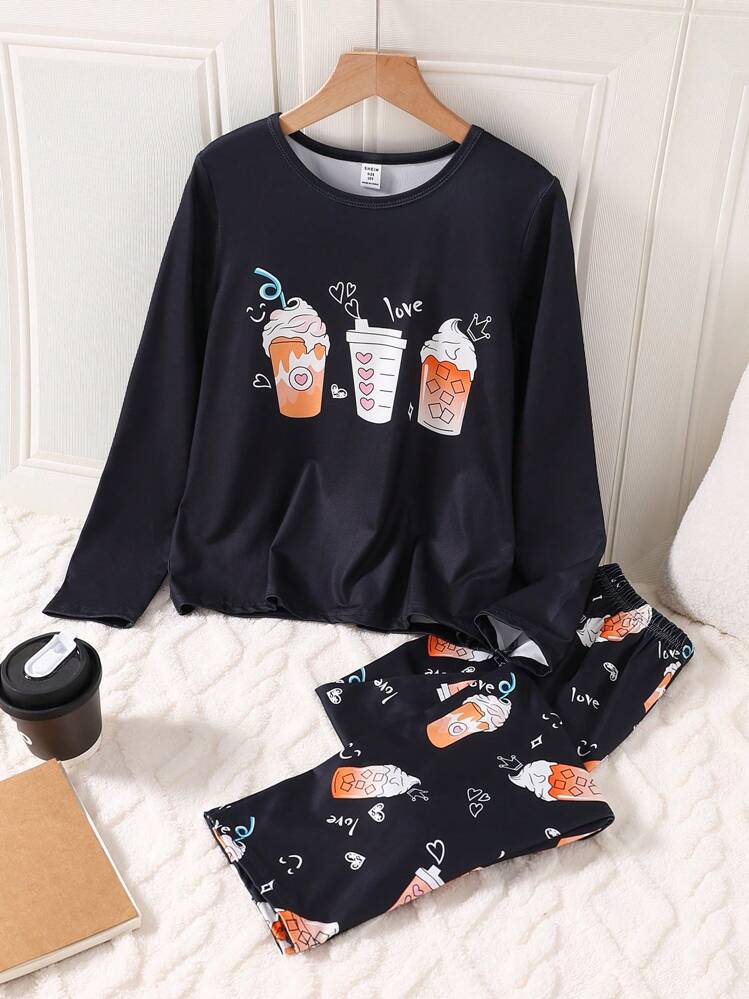 2pcs/Set Tween Girl Beverage Bottle Graphic Contrast Color Pants & Crew Neck Long Sleeve Top Fire Retardant Loungewear Set - Black - View 3