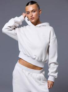 MUSERA Cropped '' Embroidered Cinched Waist Tracksuit Hoodie Only Casual - Apricot - View 1