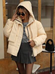 GENKIRA Áo khoác phao cổ cao rộng rãi màu trơn có mũ trùm đầu, áo khoác đệm đa năng thường ngày mùa đông - Màu be - Xem 7