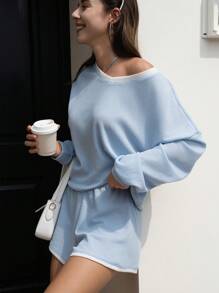 INAWLY 2 件女式不对称领宽松长袖上衣和短裤休闲套装，春秋季