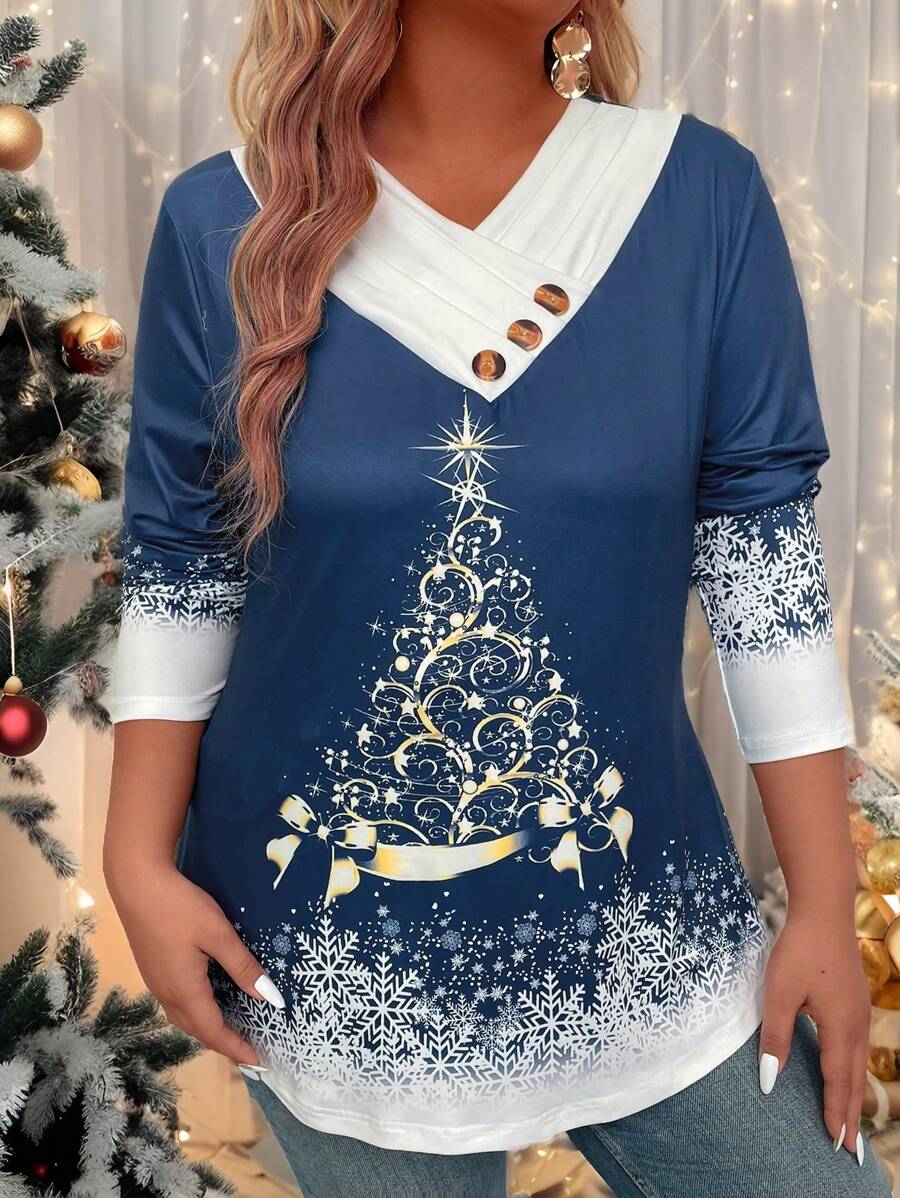 EMERY ROSE Camiseta de Manga Longa com Estampa de Árvore de Natal e Floco de Neve, Colarinho Embutido, Fechamento com Botão à Frente, Moda Confortável, Plus Size para Jovens Adultos de 18 a 35 Anos - Azul - Visão 1