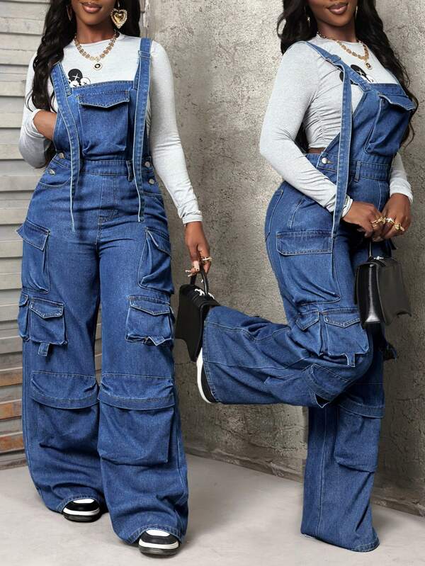 SHEIN Slayr Pantalones con peto de mezclilla casuales y sueltos con múltiples bolsillos para mujer, para primavera y otoño
