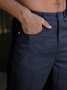 Manfinity Homme 男士简约前扣口袋休闲长裤，日常穿着，秋季 - 藏蓝色 - 查看 8