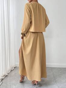 SHEIN Unity 2 件套女士简约休闲日常系带纹理上衣和开衩下摆裙子套装，秋季 - 杏色 - 查看 2