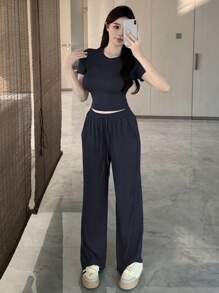 DAZY 女士休闲纯色短袖上衣和裤子两件套夏季短裤套装 - 藏蓝色 - 查看 6
