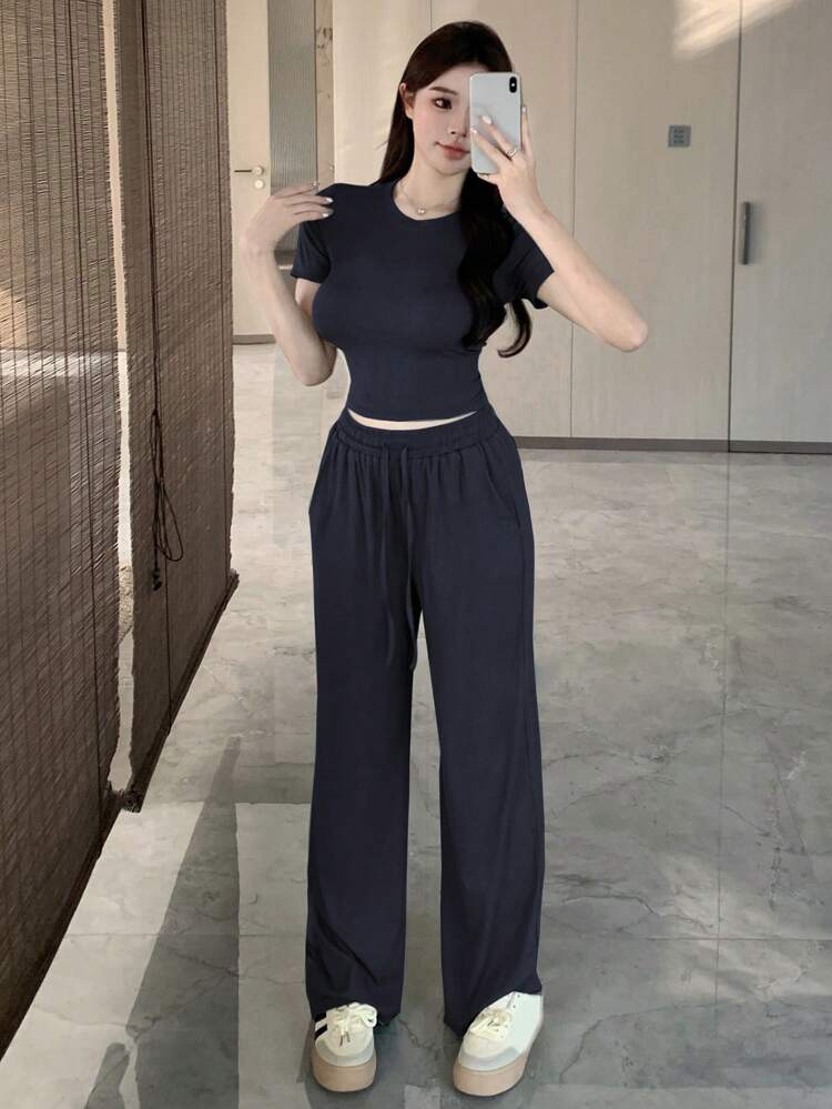 2pcs/Set Women Casual Solid Color Short Sleeve Top And Pants Summer