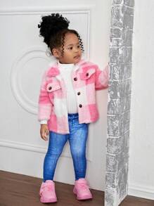女婴毛绒格子翻领夹克，适合户外、秋冬季、圣诞节 - 粉色 - 查看 6