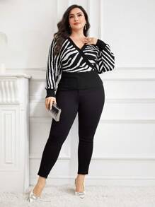 Modelyn 大码女式斑马纹 V 领蝙蝠袖长袖休闲套头衫秋季 - 黑與白 - 查看 5
