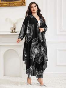Modelyn Plus Size Swirl Print Jacket And Pants 2 Pieces Set, Casual, Autumn 2 Pieces Set - Black and White - View 5