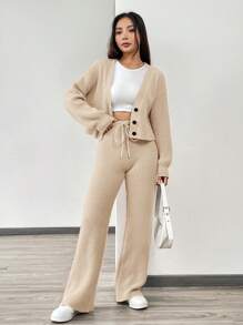 SHEIN EZwear 秋冬季女士休闲纯色长袖针织开衫两件套 - 卡其色 - 查看 4
