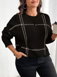 Elenzga Áo len dệt kim dáng rộng kẻ caro cổ tròn vai rớt cho nữ cỡ lớn, thích hợp cho mùa thu/đông. - màu đen - Xem 7