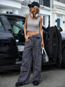 GENKIRA 素色紐扣羅紋針織背心上衣 - 淺灰色 - 查看 1