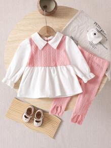 SHEIN Baby Mädchen 2-teiliges Set aus Langarmshirt mit Kontrast-Kragen-Patchwork und Hosen für Frühling/Herbst