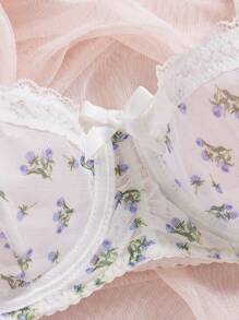 2pcs Romantic Floral Print, Lace Patchwork, Pleated, Bow Detail Women Lingerie Set - Multicolor - View 7