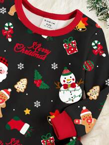 SHEIN 圣诞圣诞老人、驯鹿、拐杖糖图案圆领运动衫和裤子贴身睡衣套装，适合女婴，休闲舒适秋冬 - 彩色 - 查看 4