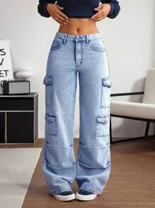 SHEIN Tall Front Button Closure Multi-Pocket Simple Design Casual Cargo Jeans - Blue - View 5