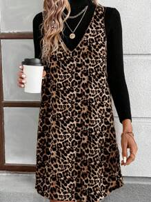 SHEIN LUNE 女士休闲宽松豹纹简约连衣裙，适合秋冬季 - 彩色 - 查看 3