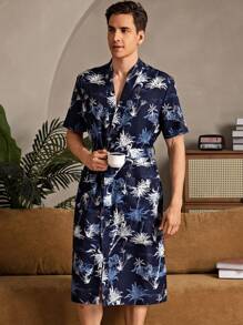 男士全印花系带短袖家居服、日常休闲服 - 藍色 - 查看 5