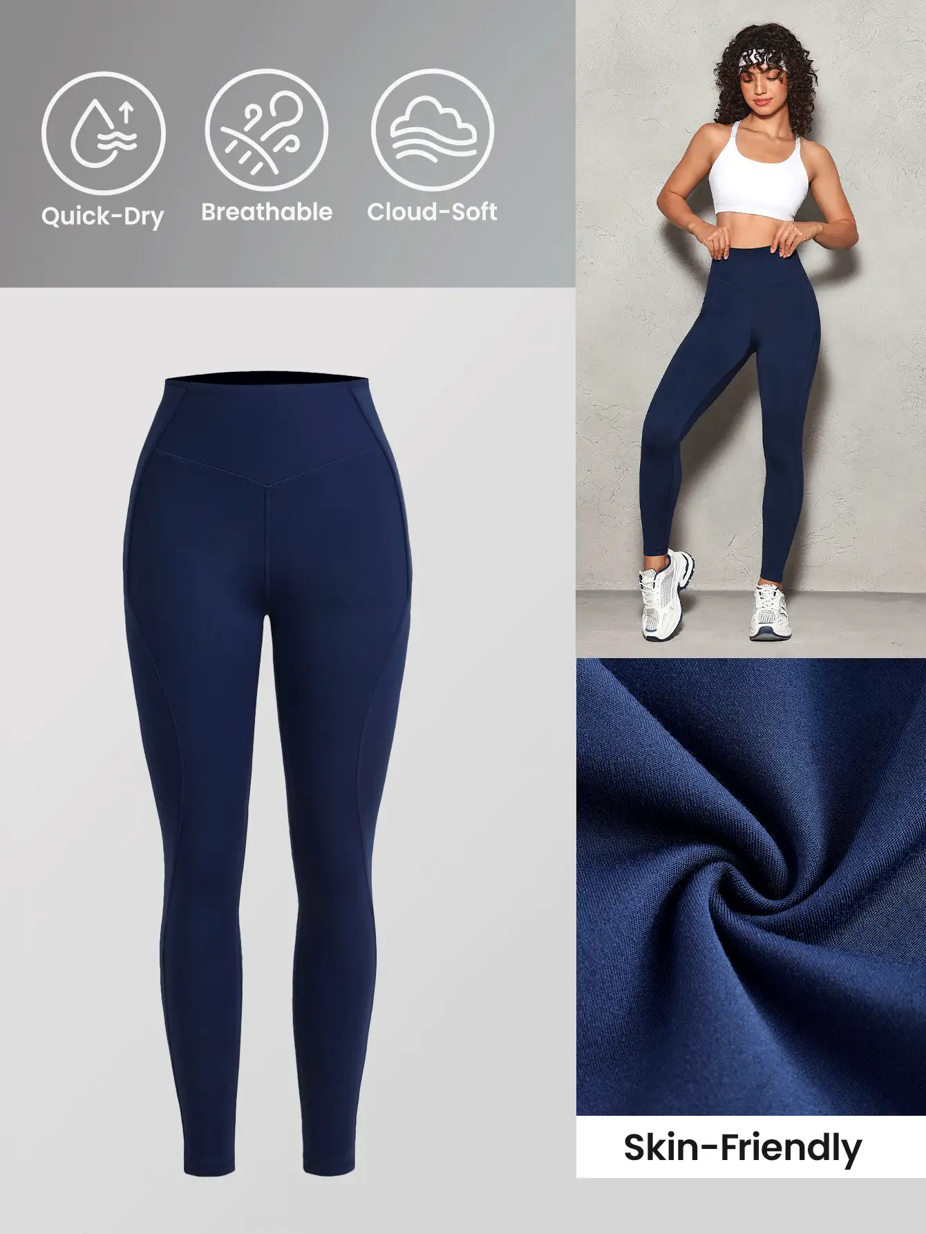 Lifespree Solid Color High Waist Seamless Leggings - Navy Blue - View 2