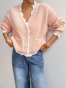 Chiquease Casual Contrast Color Trim Double Pockets Cardigan, Autumn/Winter