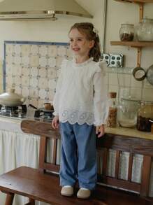 SHEIN 2pcs Young Girls White Shirt And Blue Pants Set, Casual Countryside Suitable For Spring And Autumn - Black - View 5