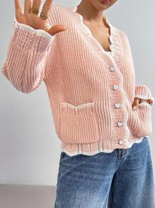 Chiquease Casual Contrast Color Trim Double Pockets Cardigan, Autumn/Winter