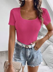 SHEIN Clasi Áo thun tay ngắn cổ tròn sọc trơn đơn giản - Màu Hồng Tươi - Xem 1