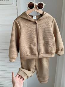 SHEIN 2pcs Baby Boy & Girl Casual Hooded Sweatshirt & Elastic Waist Pants Set, Khaki Textured Fabric, Suitable For Autumn & Winter - Multicolor - View 5