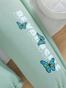 SHEIN Quần dài lót nhiệt in hình bướm cho bé gái - màu xanh lá - Xem 4