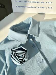 SHEIN Unity 秋季休闲纹理花卉简约纽扣长袖衬衫 - 藍色 - 查看 5