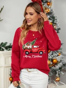 SHEIN LUNE Áo nỉ dày in hình xe tải Giáng sinh tối giản và vẽ tay cỡ lớn dành cho nữ vào mùa thu/đông - Đỏ - Xem 6