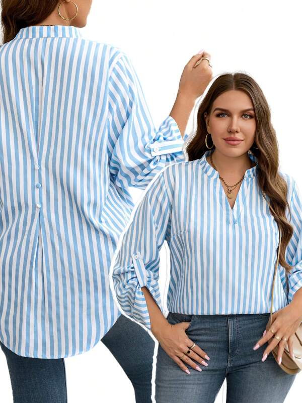 SHEIN LUNE 大码秋季条纹缺角领不对称下摆长袖衬衫假日款