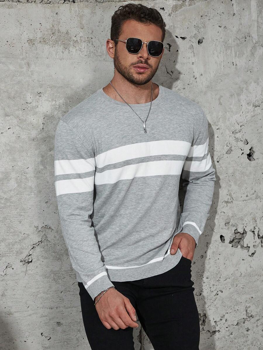 Manfinity Homme 大码男士条纹圆领休闲针织毛衣，秋冬款