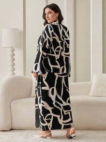 Modelyn Set de 2 piezas: blusa de talla grande con botones y estampado total + falda con cintura anudada - Blanco y Negro - Ver 2