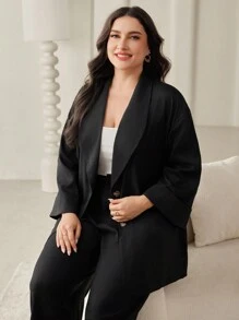 Mulvari Plus Size Solid Color Single Breasted Long Sleeve Blazer And Trousers Suit - Black - View 6