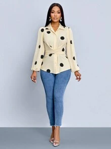 SOLERSUN 女士冬装 杏色 黑色 波尔卡圆点 女士冬季衬衫 衬衫领子 正面中央纽扣 褶饰灯笼袖 环绕式领带衬衫 - 杏色 - 查看 5