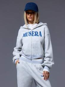 MUSERA Cropped Letter Zip Up Hoodie - Light Grey - View 1