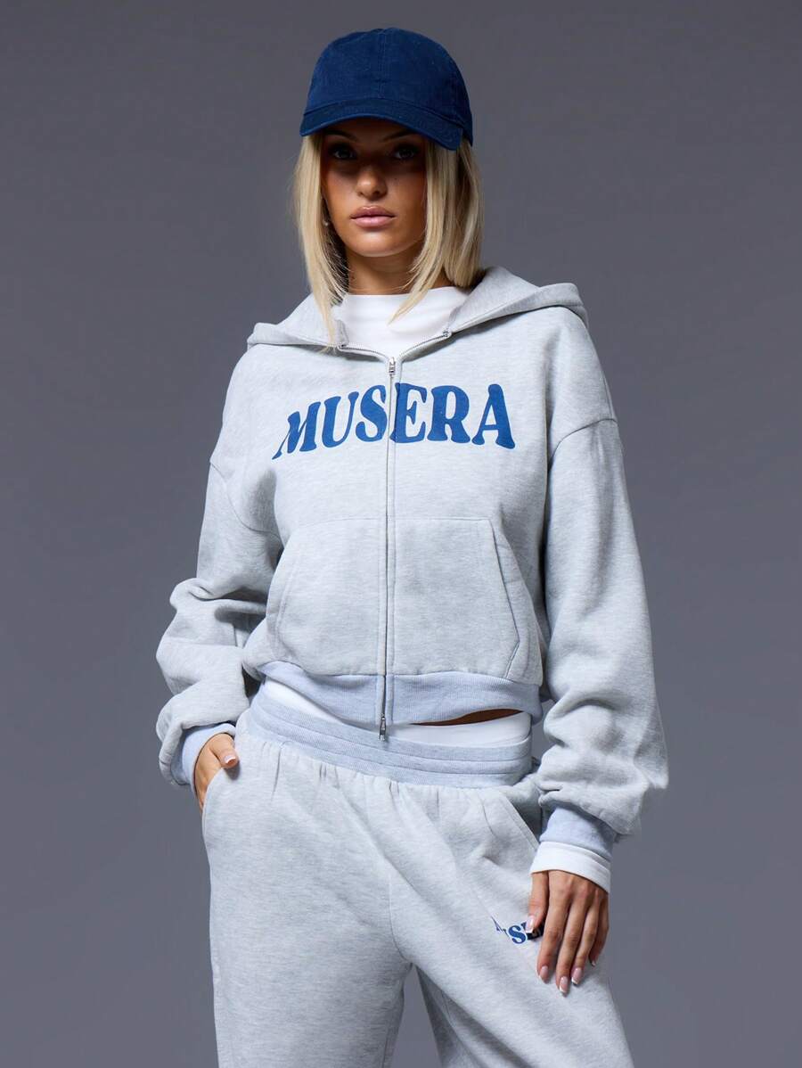 MUSERA Cropped Letter Zip Up Hoodie - Light Grey - View 1