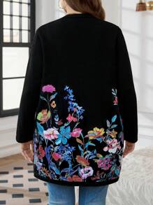 SHEIN LUNE Plus Size Floral Print Elegant Knitted Long Sleeve Cardigan - Black - View 2