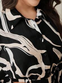 Modelyn Set de 2 piezas: blusa de talla grande con botones y estampado total + falda con cintura anudada - Blanco y Negro - Ver 6