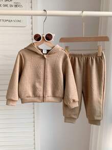SHEIN 2pcs Baby Boy & Girl Casual Hooded Sweatshirt & Elastic Waist Pants Set, Khaki Textured Fabric, Suitable For Autumn & Winter - Multicolor - View 3