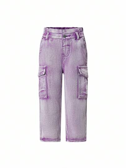 Girls' American Street Style Cute Floral Print Multi-Pocket Distressed Denim Cargo Pants